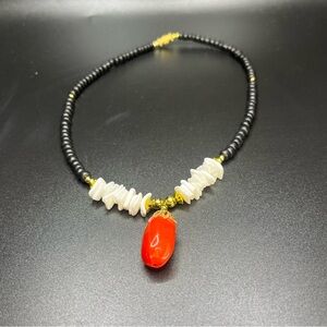 Boho Mixed Media Necklace Mother of Pearl Shell Red Drop Pendant. Unisex